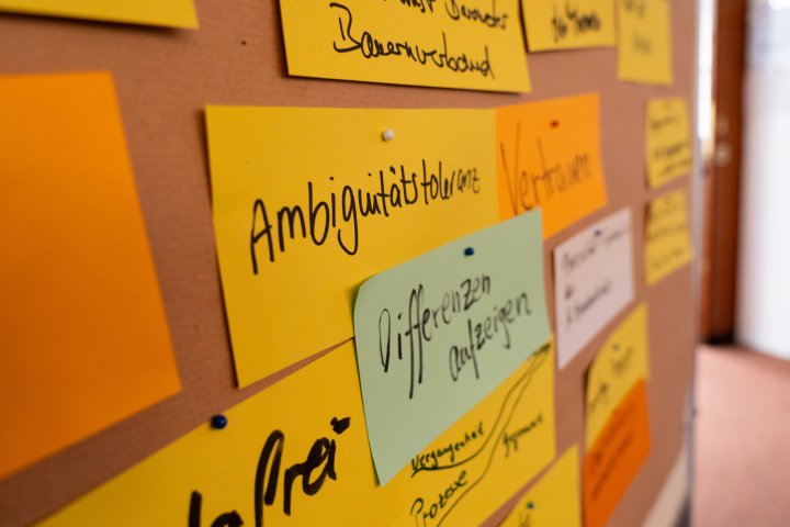 Metaplanwand mit Karte "Ambiguitätstoleranz, Differenzen aufzeigen, Vertrauen"