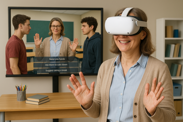 Frau mit VR-Brille vor einem Bildschirm